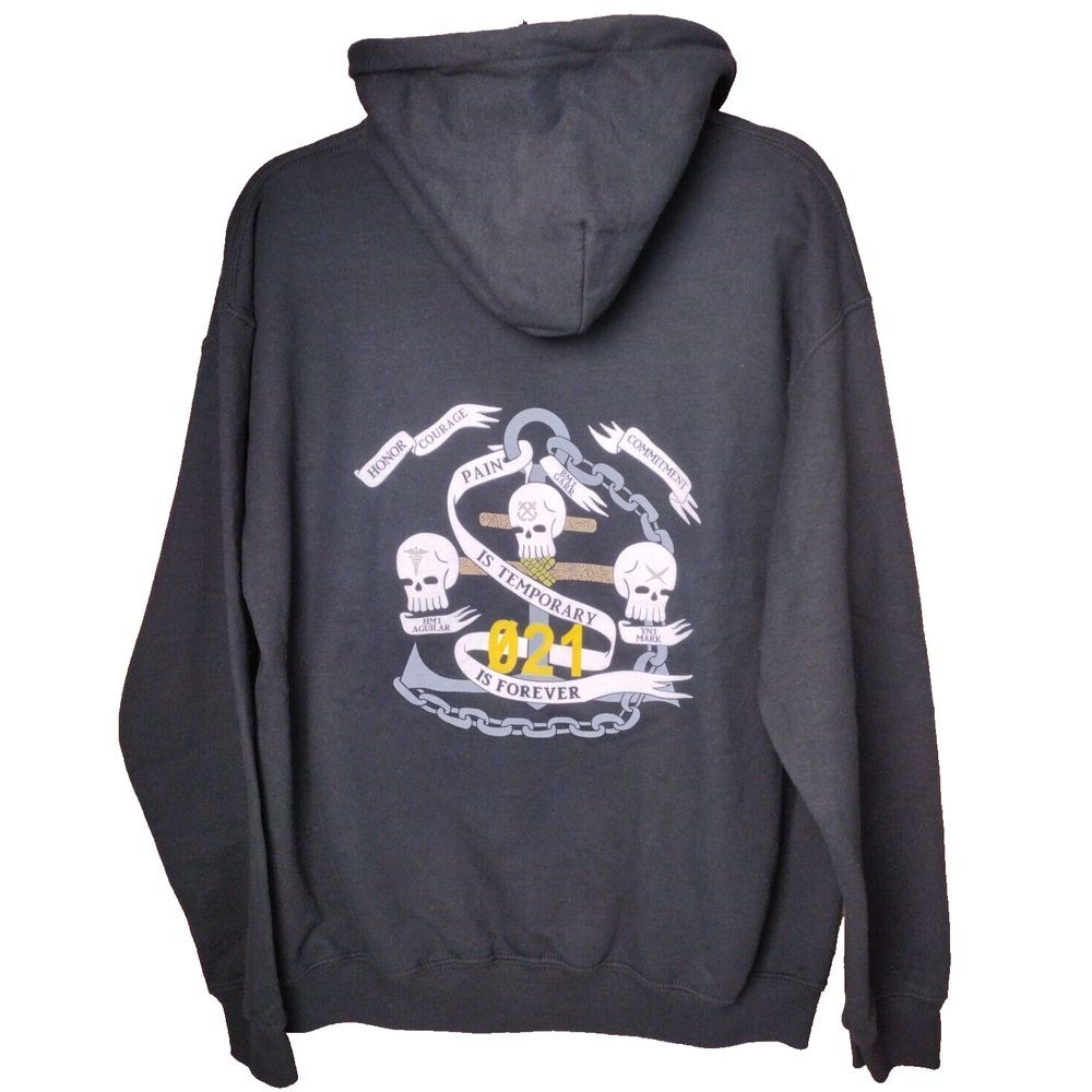 Vintage NAVY Sweatshirt Mens M Black Pullover Hoodie US Military~ 021 Is Forever